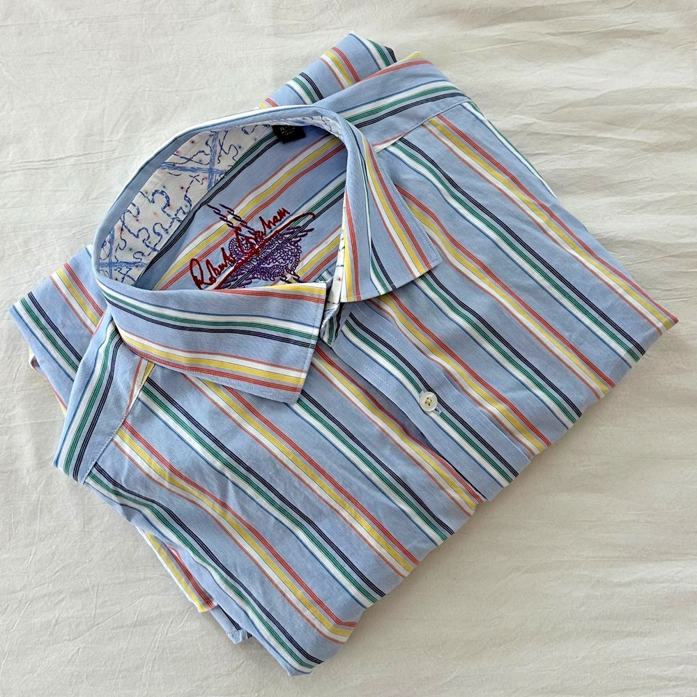 Robert Graham Mens XL Shirt Long Sleeve Flip Cuff Striped Multicolor Cotton - Picture 2 of 10